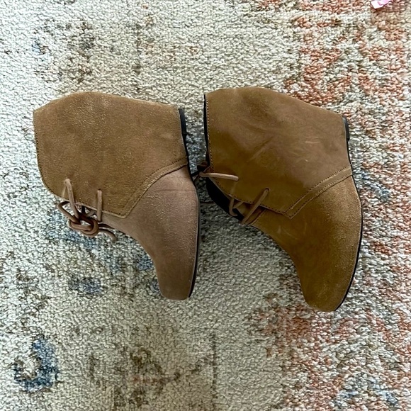 Suede Wedge Booties Y2K Lace Up Tan Neutral Brown Heel Boots - Picture 2 of 5